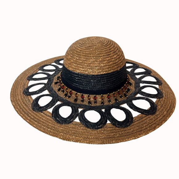 Wide Brim Straw Sun Hat Cutout Brim Teardrop Beaded Band Coastal Resort Fashion